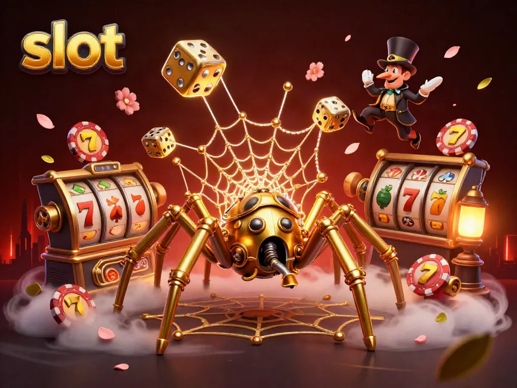 Engage with the thrilling world of slots, showcasing a playful steampunk spider caught in a web of luck.