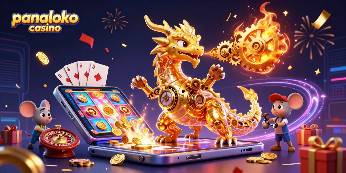 Panaloko casino illustrates a golden dragon launching gears and cogs amidst vibrant gaming elements.