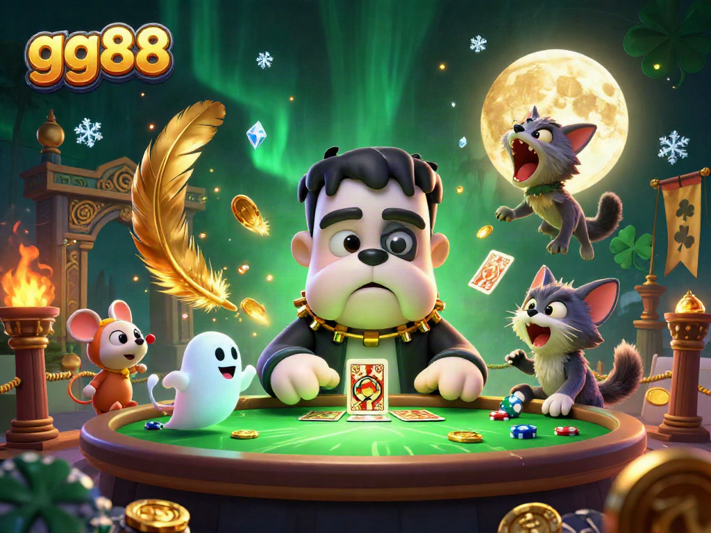 gg88’s exciting casino scene featuring a bulldog dealer and a ghost mouse among gold coins and playful elements.