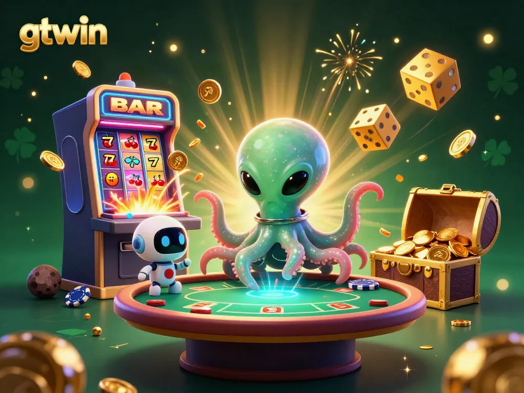 Experience the vibrant world of gtwin, featuring a 3D alien octopus at a holographic poker table amidst a jackpot explosion.