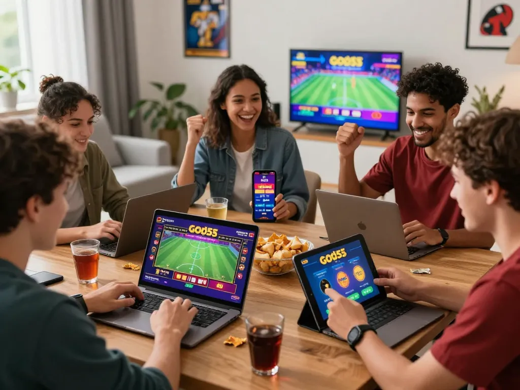 Online gaming experience on https://god55vn.org/ showing players enjoying sports betting and casino games in a vibrant home setting.