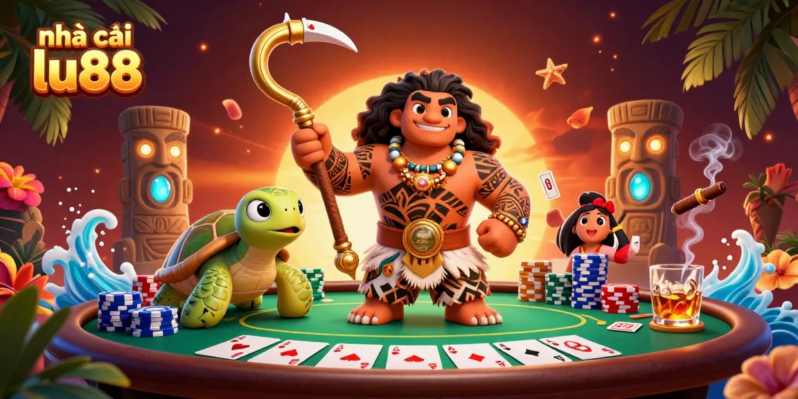 Experience the vibrant action at nhà cái lu88 with a Maui-style demigod and poker elements!