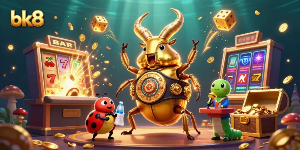 Experience the vibrant features of bk8 with a dynamic animated scene showcasing a golden stag beetle in a championship ring.