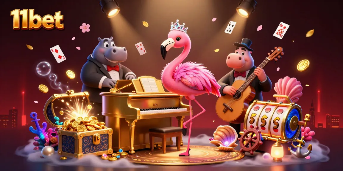 Experience 11bet's vibrant casino scene with a flamingo lounge singer and treasures in a fun 3D illustration.