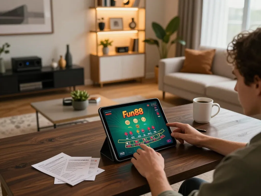 Engaged player experiencing Fun88's live dealer blackjack in a cozy home setup