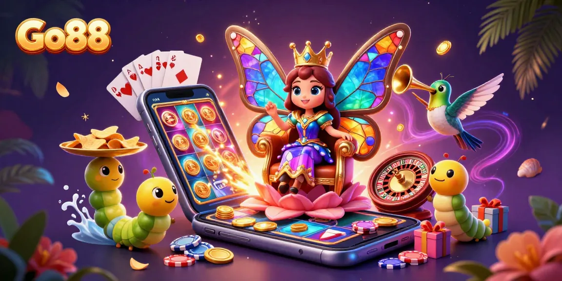 Engage in thrilling games at Go88 with a vibrant butterfly queen and lively casino elements.