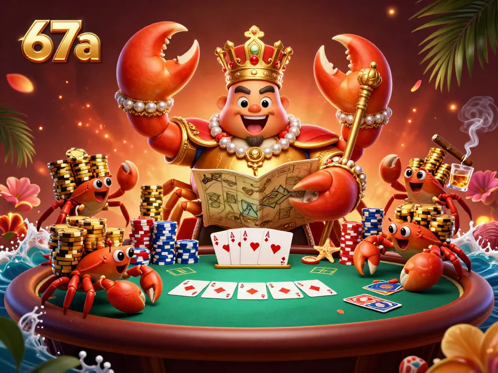 Enjoy a vibrant gaming scene with 67a's lively poker action featuring a crab emperor and treasure map.