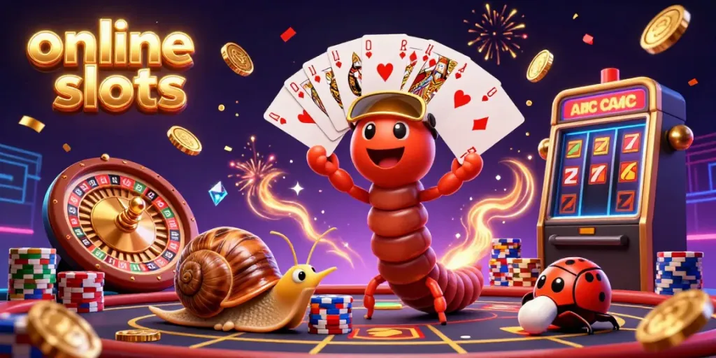 Experience the thrill of online slots with a cartoon millipede dealer, high-roller snail, and lively casino elements.