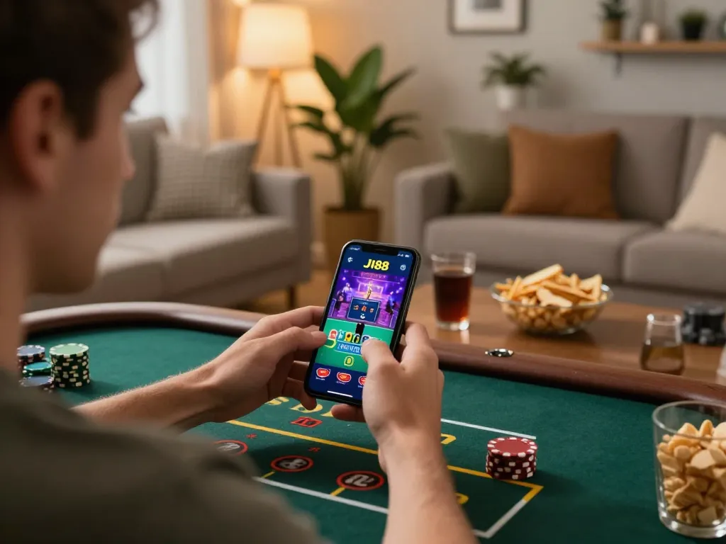 Player interacting with J188 online casino app on smartphone, enjoying live dealer game in cozy home setting.