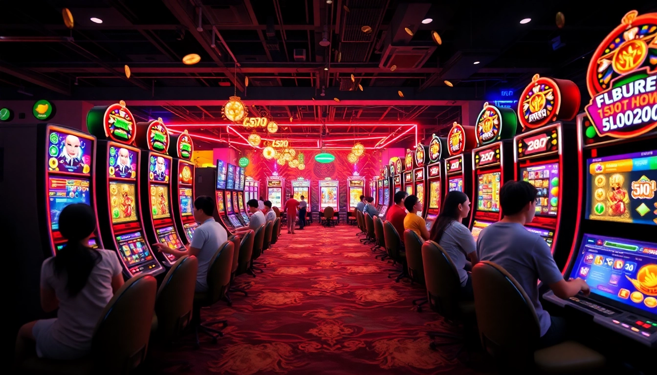 BROMO888 vibrant online slot gaming scene with modern machines and engaging users