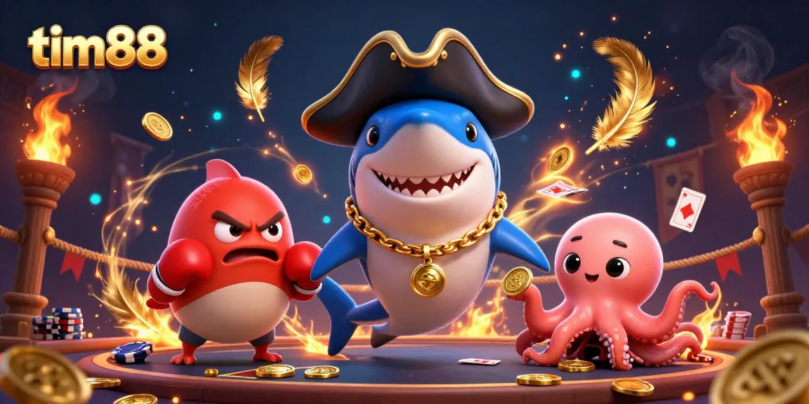 Tim88's vibrant casino scene featuring a shark, pufferfish, and octopus amidst dynamic gaming elements.