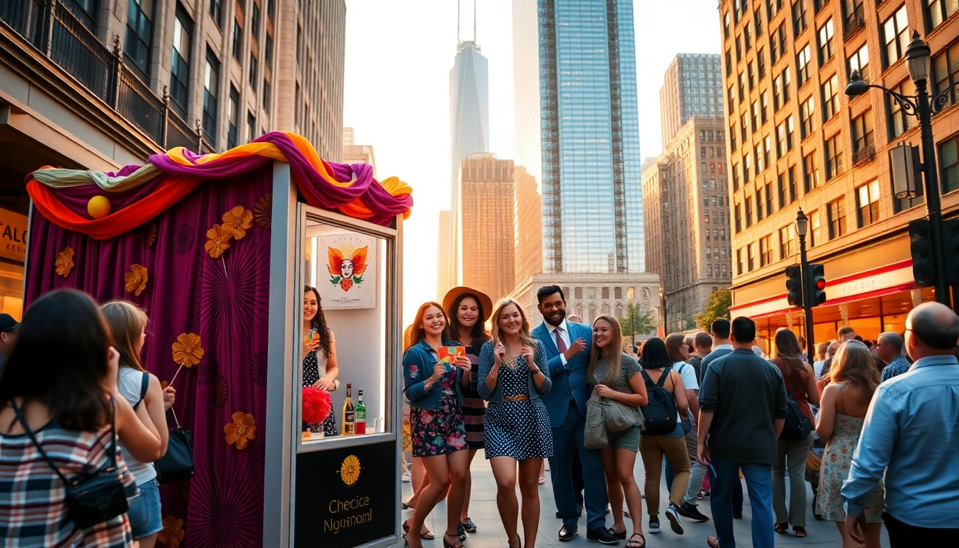 Capture smiles at a vibrant photo booth rental chicago event with colorful props and city skyline.