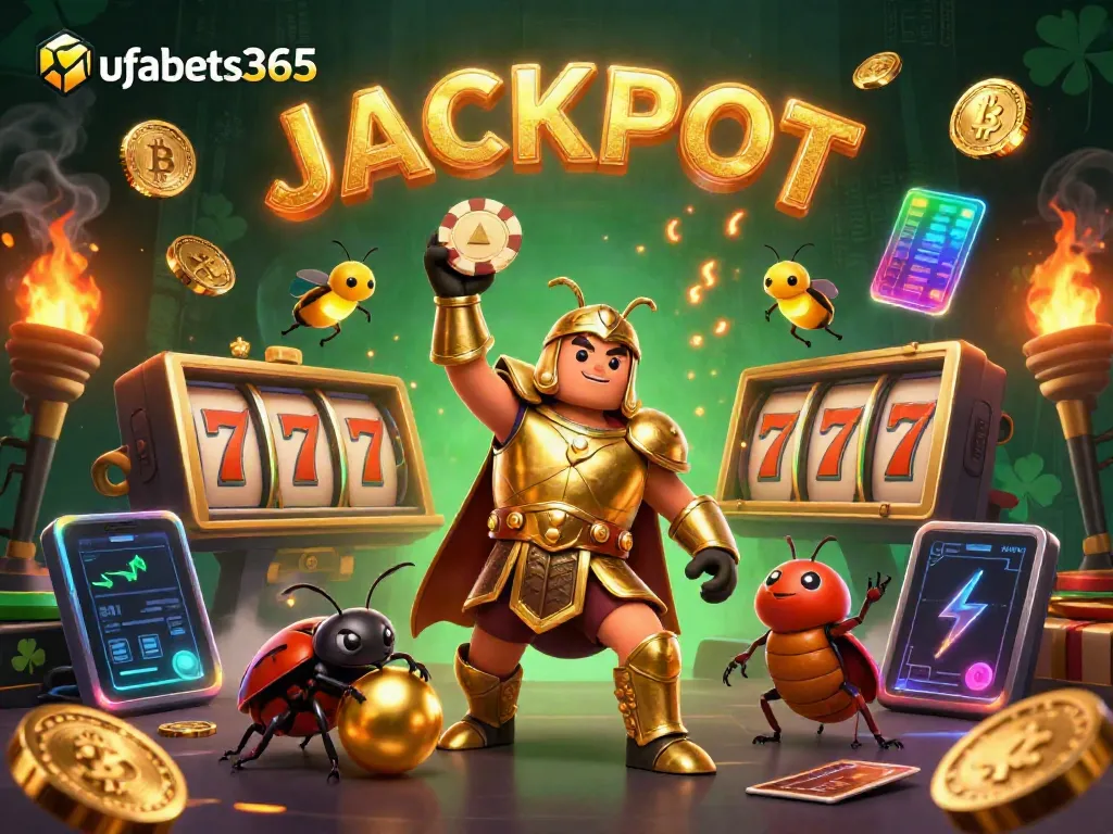 Experience excitement with ufabets365 as a heroic beetle lifts a poker chip amidst a jackpot scene with neon crypto coins.