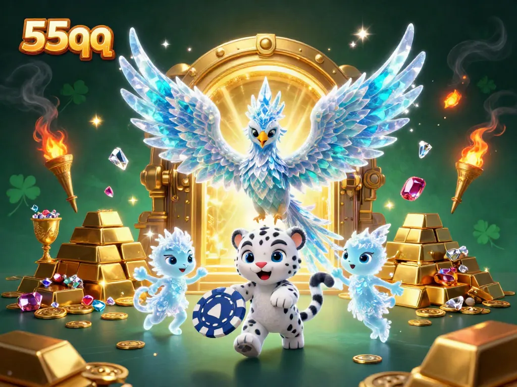 Win big with 55qq in a vibrant casino scene filled with treasures and magical characters.