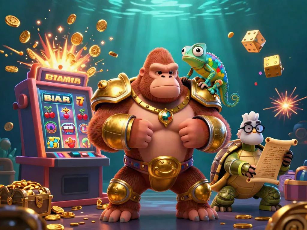 Experience the exciting world of vb88 with a vibrant, ultra-detailed 3D casino scene featuring a dynamic gorilla king and treasures.