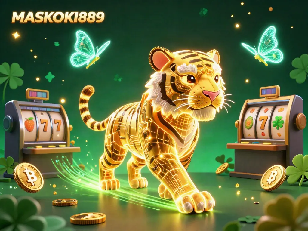 Experience thrilling gaming at MASKOKI889, highlighted by a vibrant digital casino with slot reels and crypto coins.