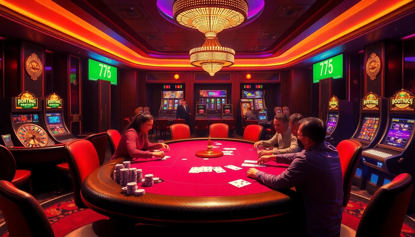 Experience the excitement at 79king with a vibrant casino atmosphere featuring poker tables and sparkling slot machines.