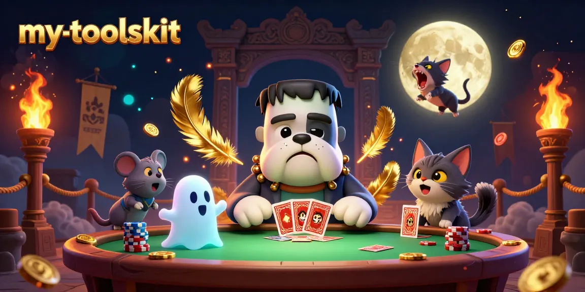 Engage with my-toolskit in an exciting casino scene featuring a Frankenstein bulldog dealing cards and spooky characters.
