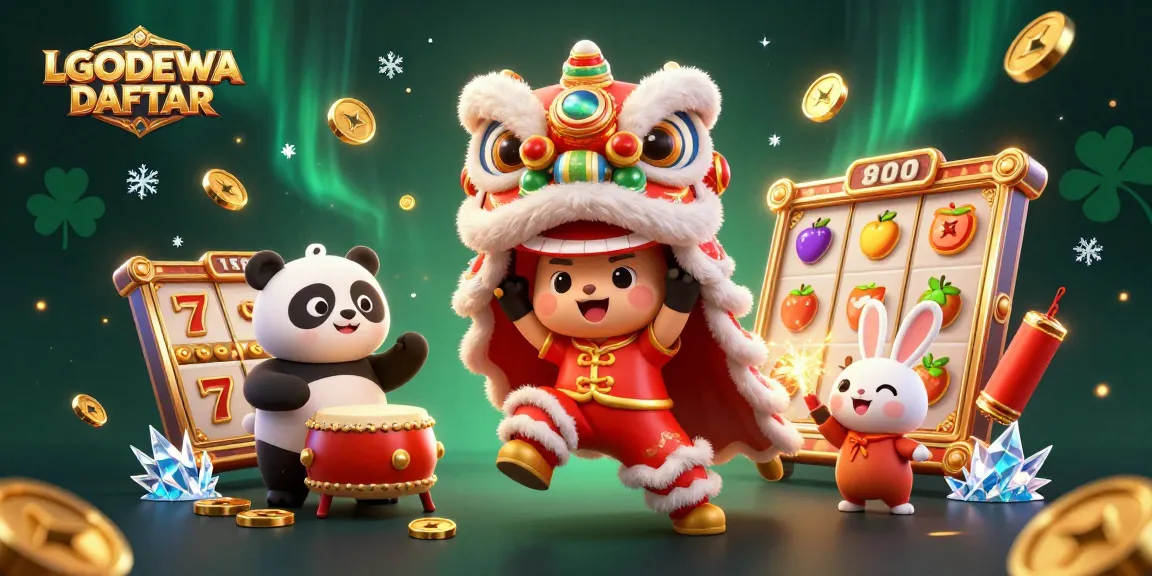 Experience the excitement of winning slots with LGODEWA DAFTAR's vibrant gaming scene featuring colorful slot reels and festive characters.