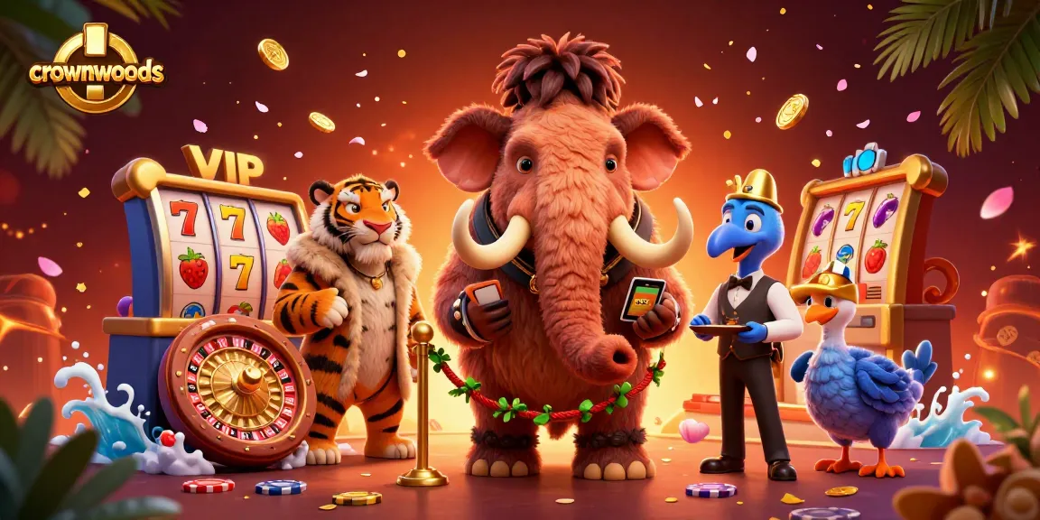 Crownwoods offers an exciting scene with a woolly mammoth bouncer and a saber-tooth tiger at a glamorous casino entrance, filled with dynamic game elements.