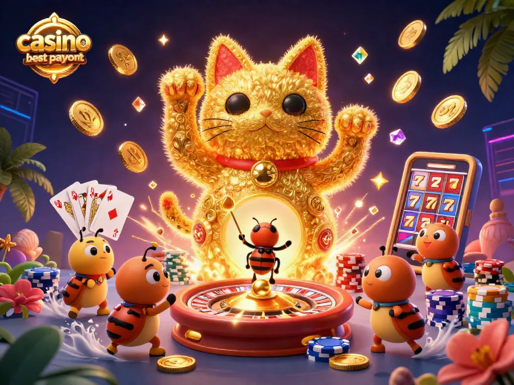 Experience casino online best payout with a vibrant 3D lucky cat and casino symbols!