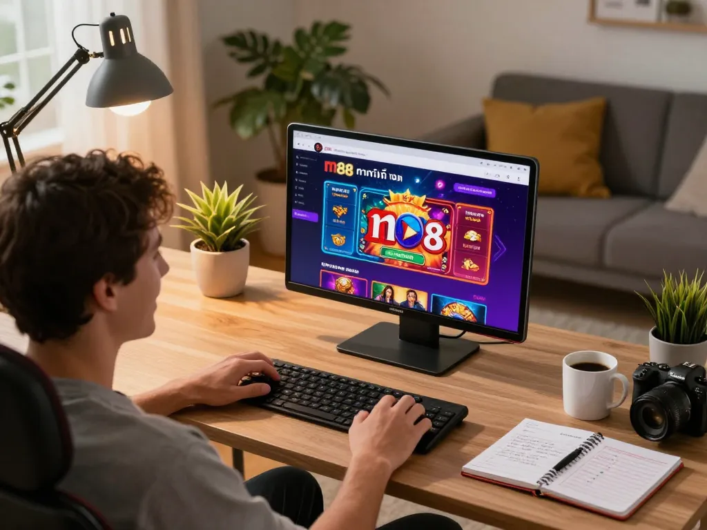 สัมผัสประสบการณ์การเล่นเกมออนไลน์ที่มีส่วนร่วมบนแอป m88 ทางเข้าสํารอง กับผู้ใช้ที่เพลิดเพลินในสำนักงานที่บ้านที่ทันสมัย