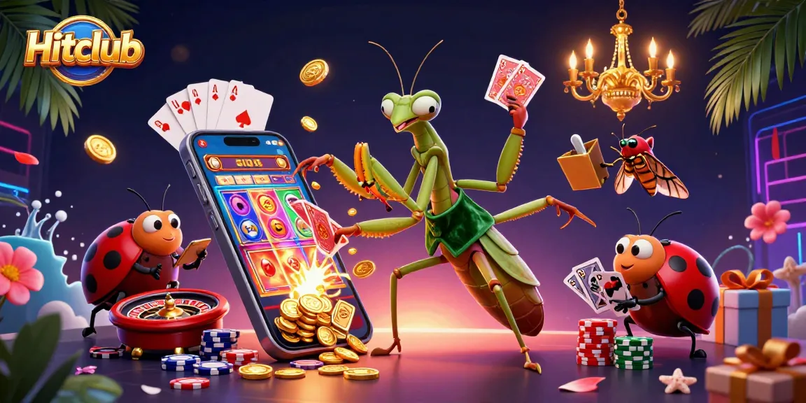 Hitclub's vibrant gaming scene showcases a giant praying mantis card sharp dealing cards amidst dynamic slots and roulette.