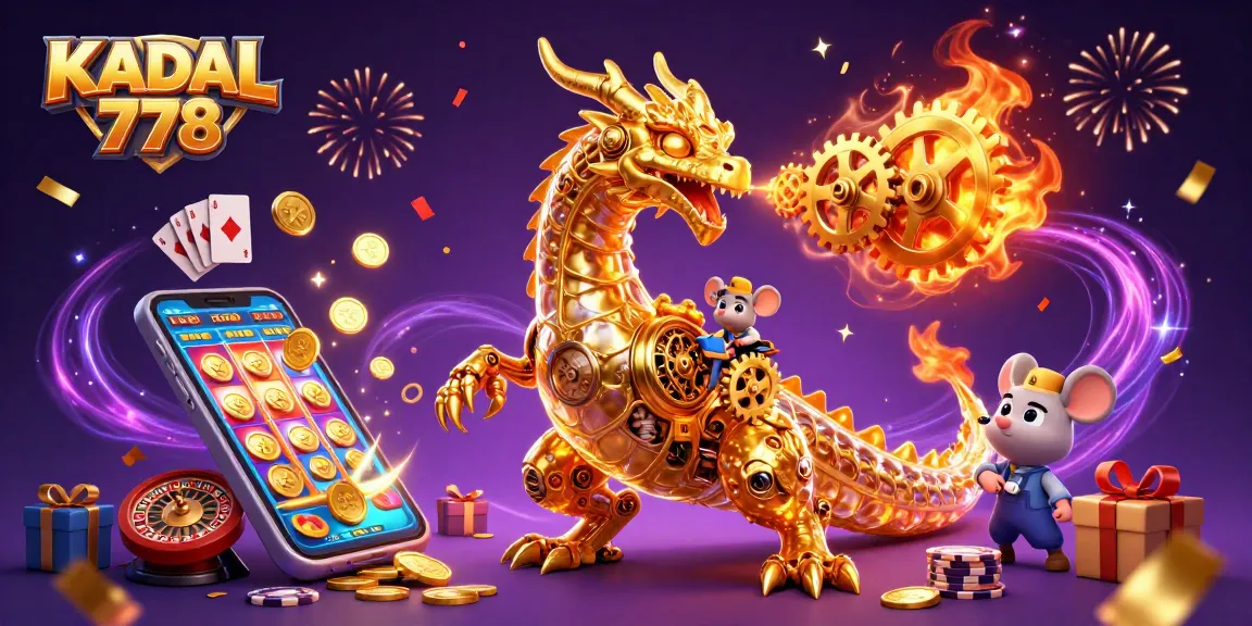 KADAL 778 offers exhilarating gaming, showcasing a golden dragon, wallet-sized devices, and vibrant slot action.