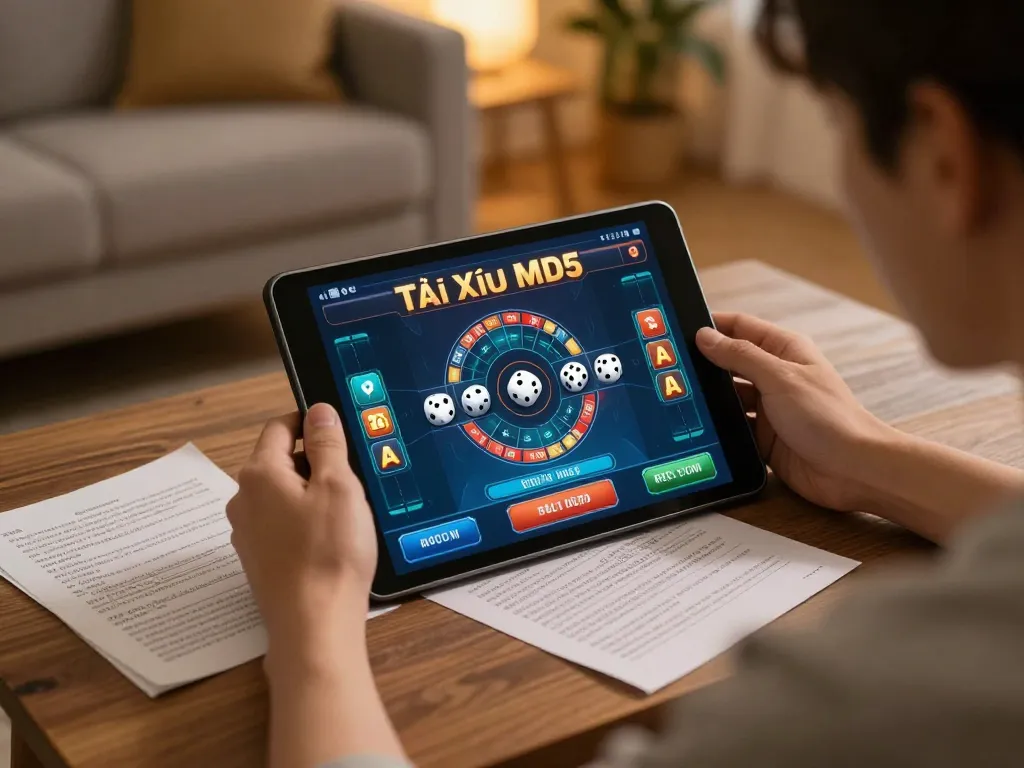 Tài Xỉu MD5 gameplay in a cozy home setting, engaging online gambling experience
