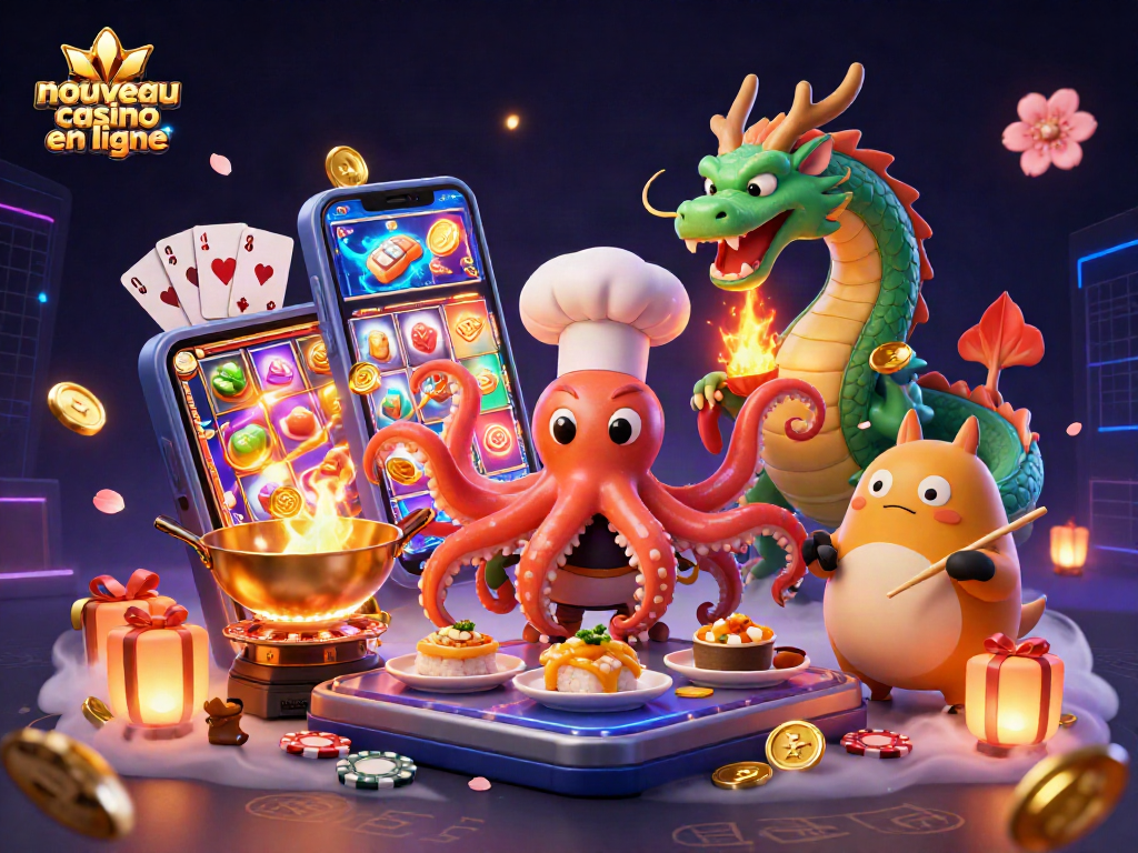 Participez à l'expérience du nouveau casino en ligne avec une scène animée et colorée, illustrant la chance et le divertissement.