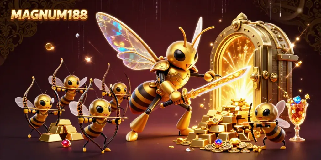 Experience MAGNUM188's thrilling action with vibrant casino-themed characters and treasure.