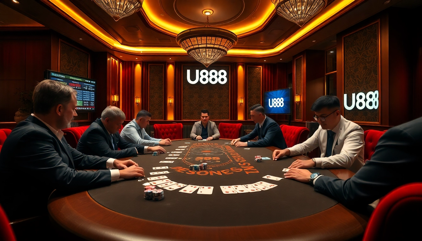 Experience an exciting poker game at U888 casino with vibrant atmosphere and professional setup.