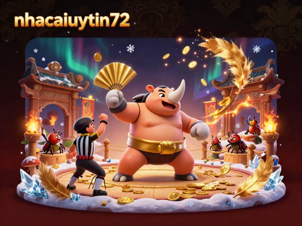 Experience the action at nhacaiuytin72 with a sumo beetle champion and vibrant casino elements.
