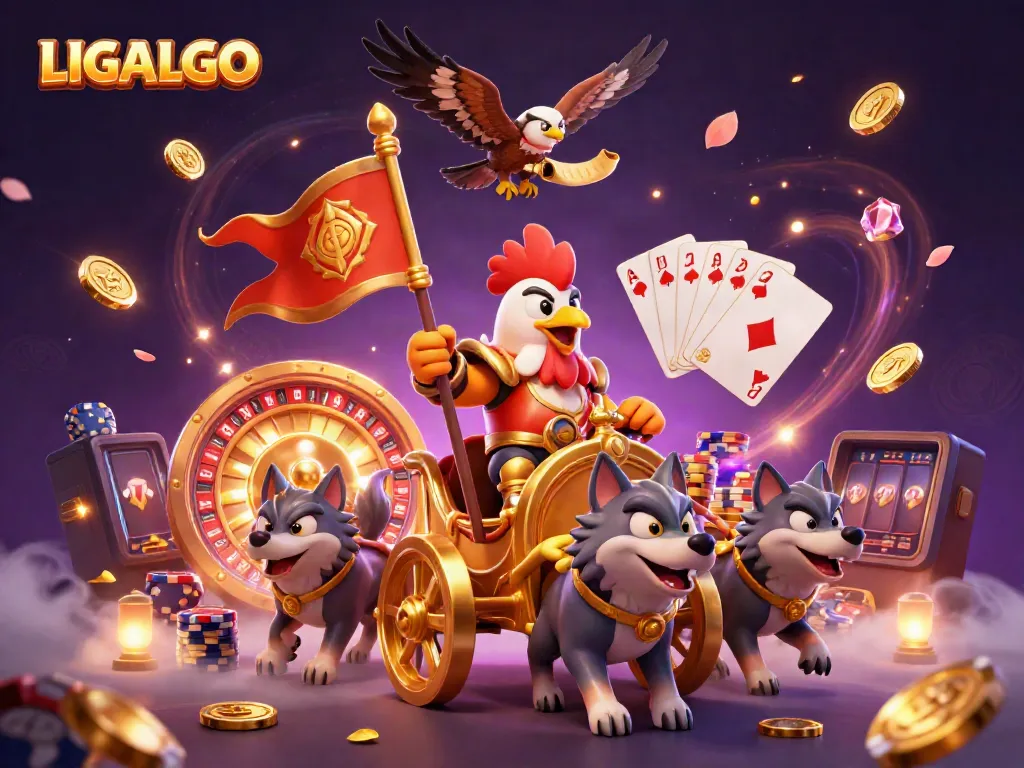 LIGALGO showcases a dynamic 3D illustration with a rooster warlord, golden coins, and casino elements.