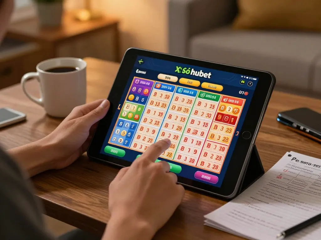 Xổ số hubet lottery ticket selection displayed on a tablet during a cozy home gaming session.