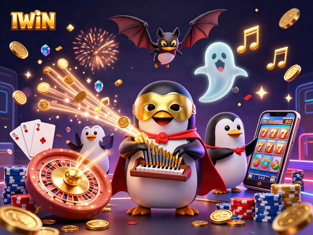 IWIN casino features a penguin playing an organ, shooting golden coins in a dynamic 3D illustration.