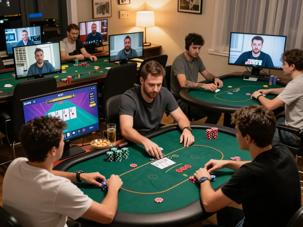 Players engaging in an exciting online poker game showcasing FLY88 on their screens in a cozy home setting.