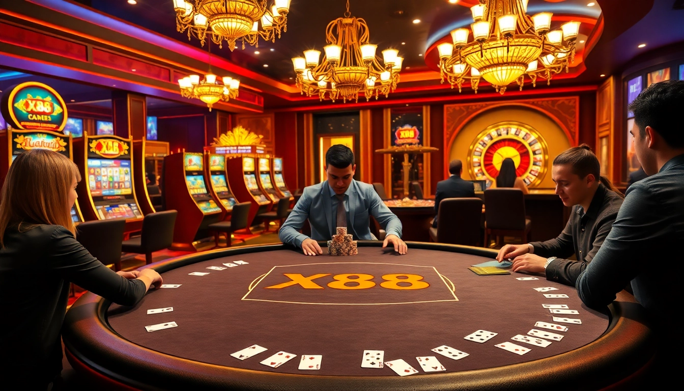 Exciting gameplay at X88 casino featuring poker chips and slot machines.
