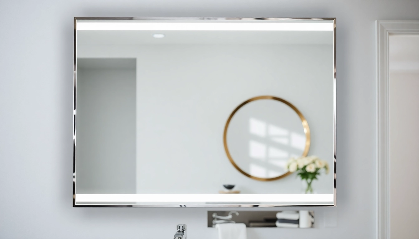 Elegant mirror and led lights reflecting soft light in a stylish bathroom setting.