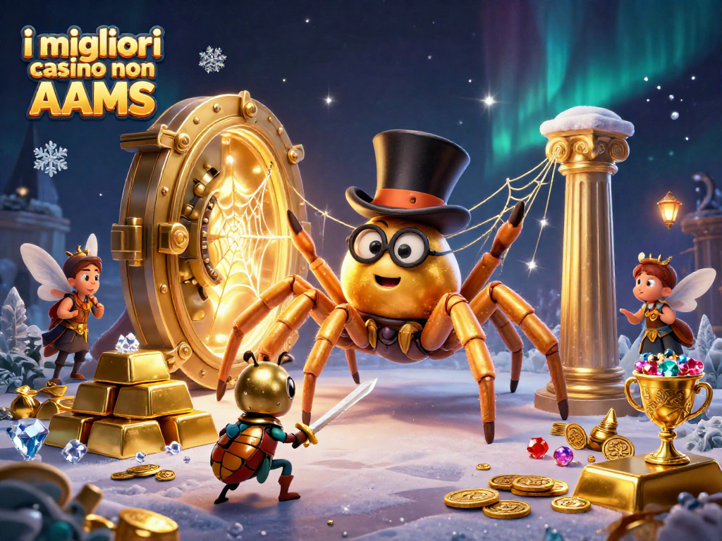 Scopri i migliori casino non AAMS con un'illustrazione vivace di un tarantola d'oro e un cavaliere scarabeo.