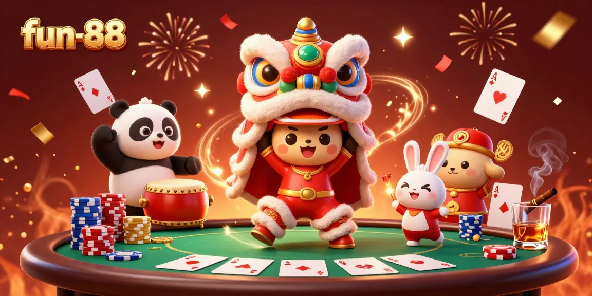 Play fun-88 with our vibrant casino illustration featuring lively characters and poker elements!