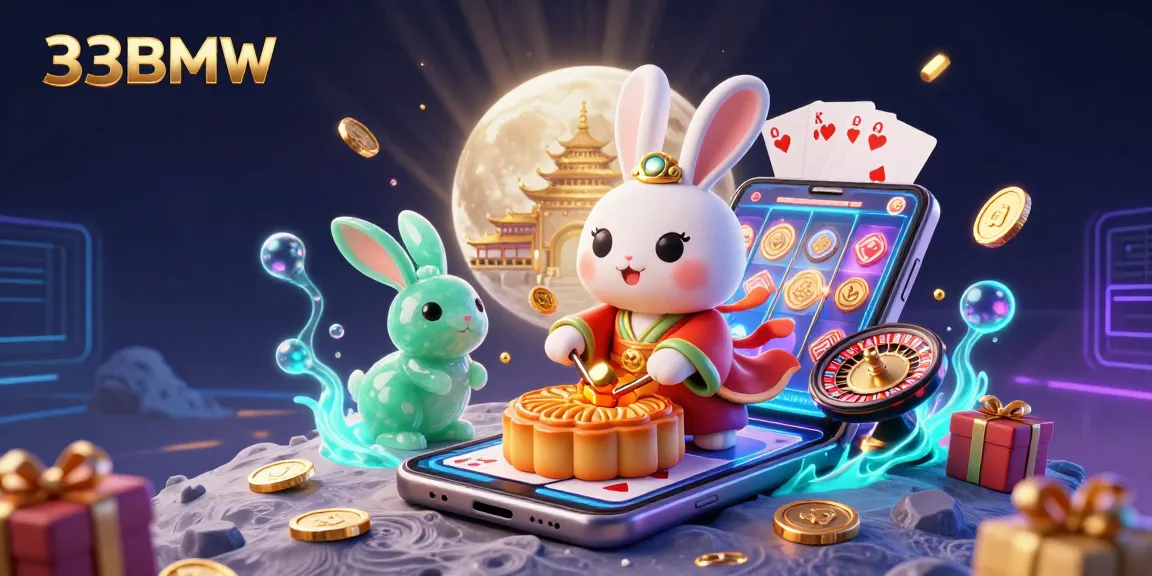 Engage in thrilling gaming with 33BMW's moon rabbit illustration revealing poker chips in dynamic casino scene.