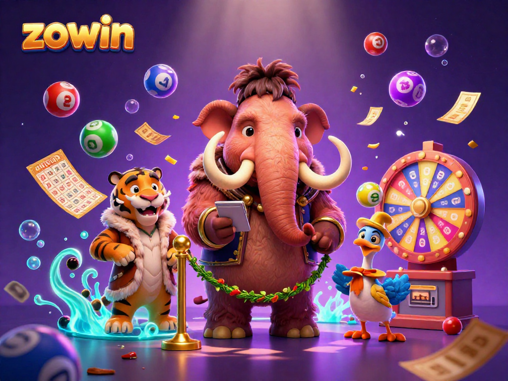 Zowin showcases a vibrant casino scene with a woolly mammoth bouncer, adding excitement to gaming.