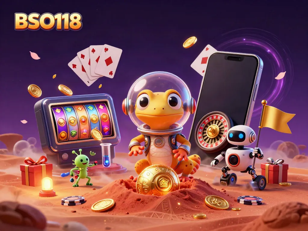 BSO118 Martian gecko celebrates winning coins and games in a golden casino on Mars.