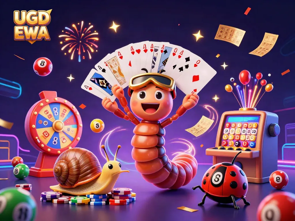 Engage with UGDEWA's vibrant casino experience featuring lively characters, dynamic playing cards, and colorful elements.