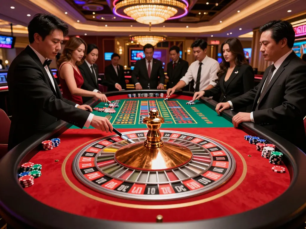 Players immersed in an MB66 roulette game at a vibrant Vegas casino, colorful chips and wheel spinning.