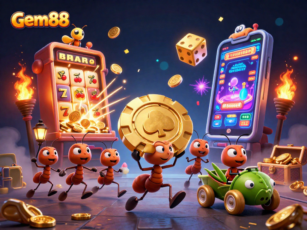 Experience gem88 with a vibrant heist of ants and a jackpot explosion in this captivating scene.