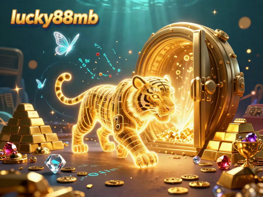 Experience excitement with lucky88mb in a vibrant 3D casino world showcasing a golden tiger and treasure.