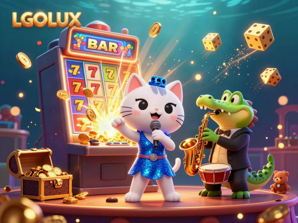 Experience vibrant casino excitement with LGOLUX as a cartoon singer, saxophone crocodile, and drumming bear celebrate jackpots.
