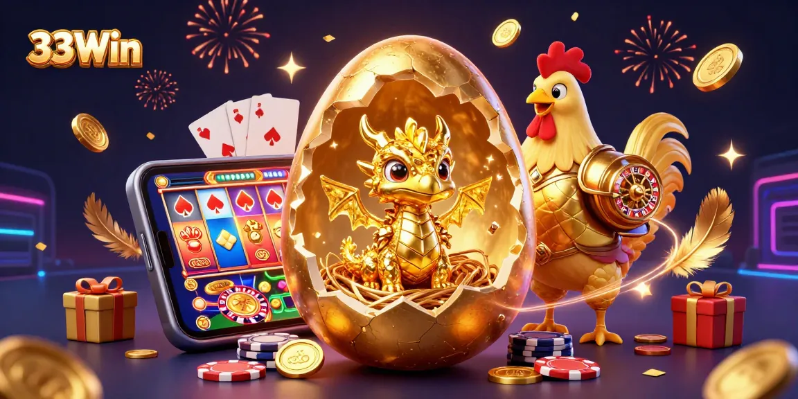 Experience the thrill of 33Win with a dazzling scene of golden treasures and gaming excitement.